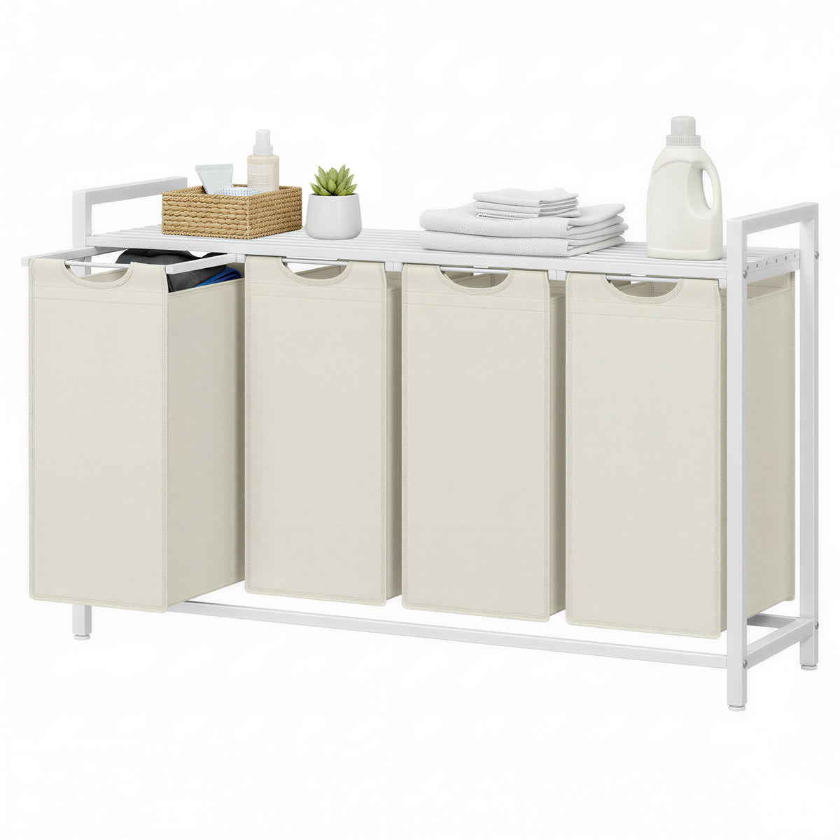 LEDREM 4-Section Clothes Sorter with Removable Liner Bags, Laundry Hamper, Metal Shelf for Bedroom, White