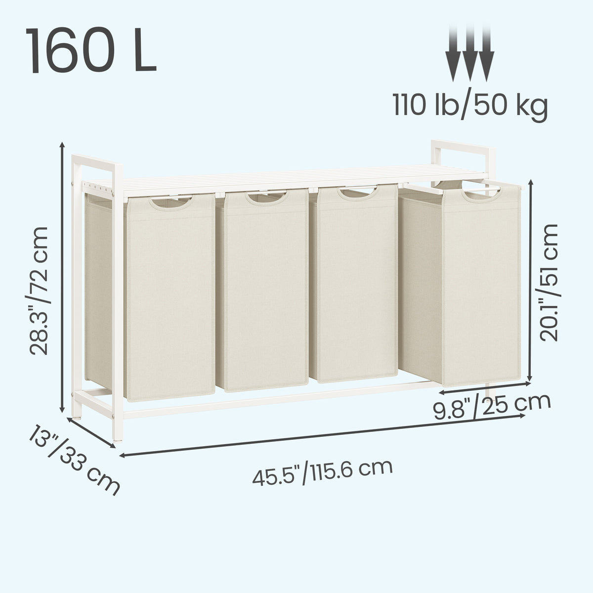 LEDREM 4-Section Clothes Sorter with Removable Liner Bags, Laundry Hamper, Metal Shelf for Bedroom, White
