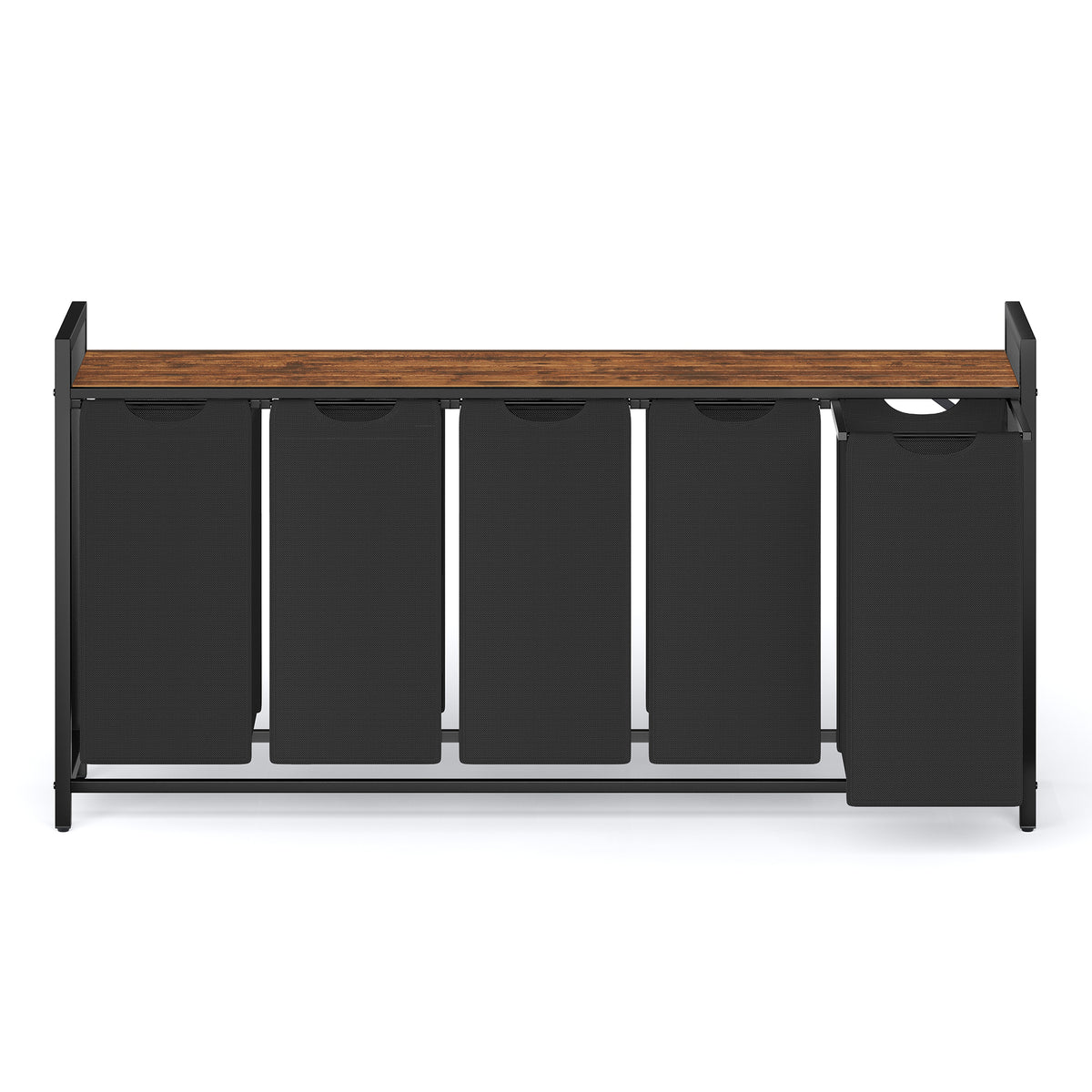LEDREM Compartmental Laundry Basket with 5 Removable Oxford Cloth Bags, Shelf and Metal Frame, Ink Black