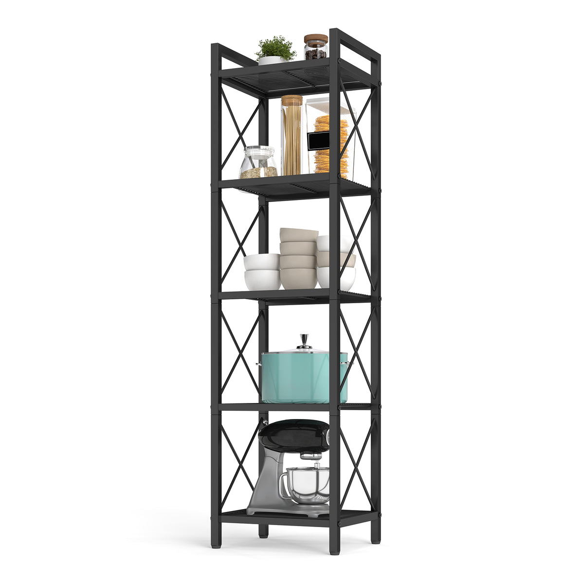 LEDREM 5-Tier Shelving Unit, Metal Storage Rack, 11.8 x 15 x 55.5 Inches, for Entryway, Kitchen, Living Room, Bathroom, Black