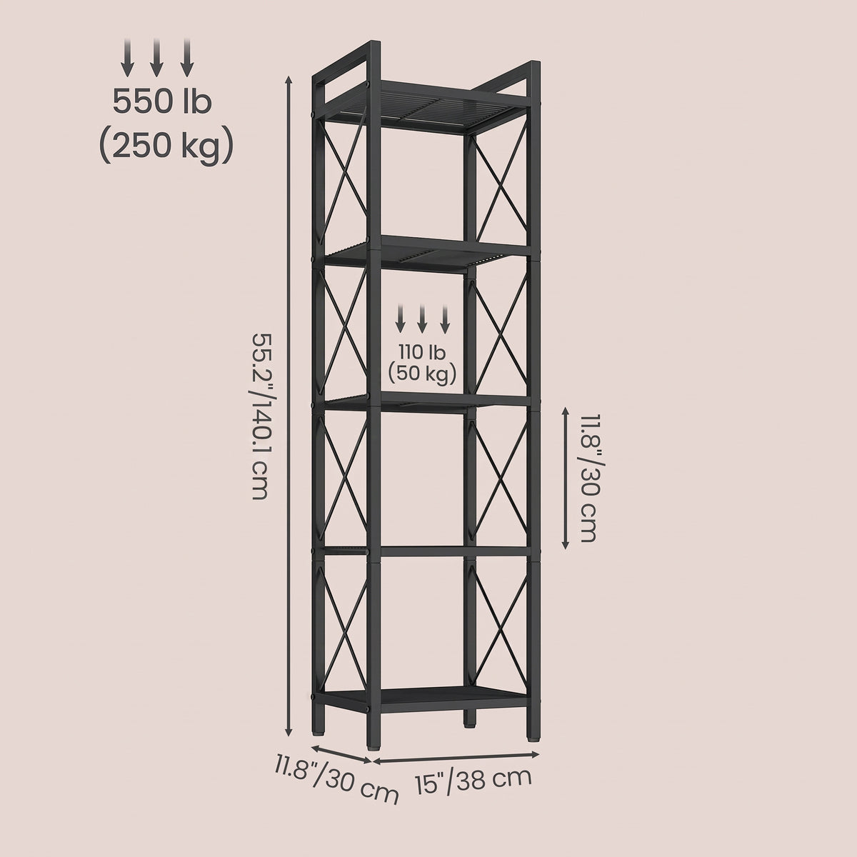 LEDREM 5-Tier Shelving Unit, Metal Storage Rack, 11.8 x 15 x 55.5 Inches, for Entryway, Kitchen, Living Room, Bathroom, Black