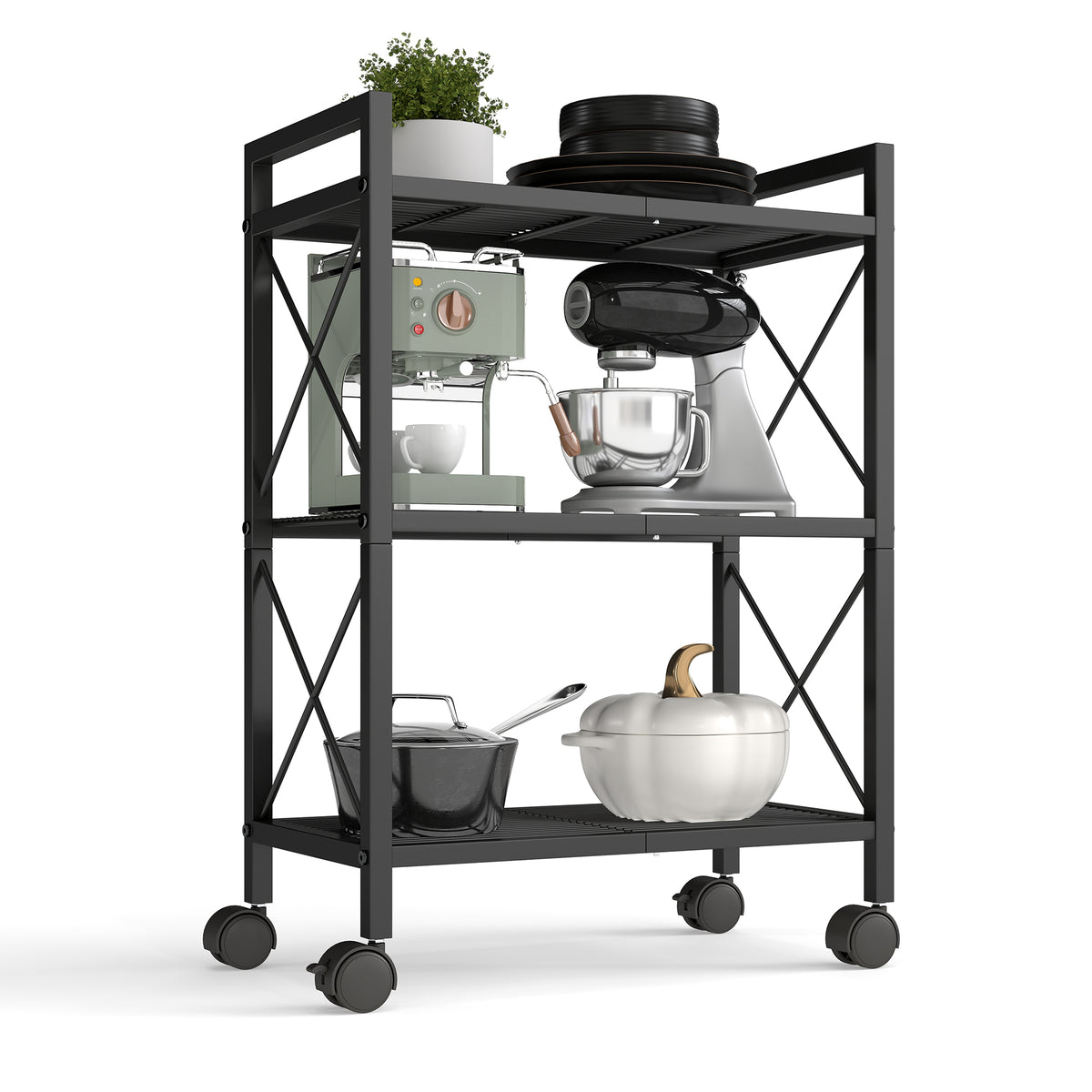 LEDREM Shelving Unit, 3-Tier Metal Storage Rack with Wheels, with X Side Frames, 22.8-Inch Width, for Entryway, Kitchen, Traditional Style, Matte Black