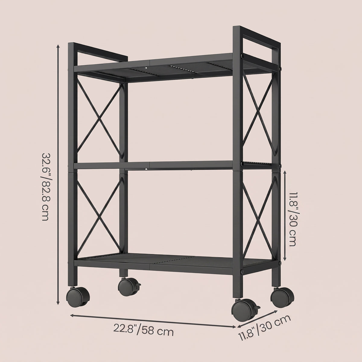LEDREM Shelving Unit, 3-Tier Metal Storage Rack with Wheels, with X Side Frames, 22.8-Inch Width, for Entryway, Kitchen, Traditional Style, Matte Black