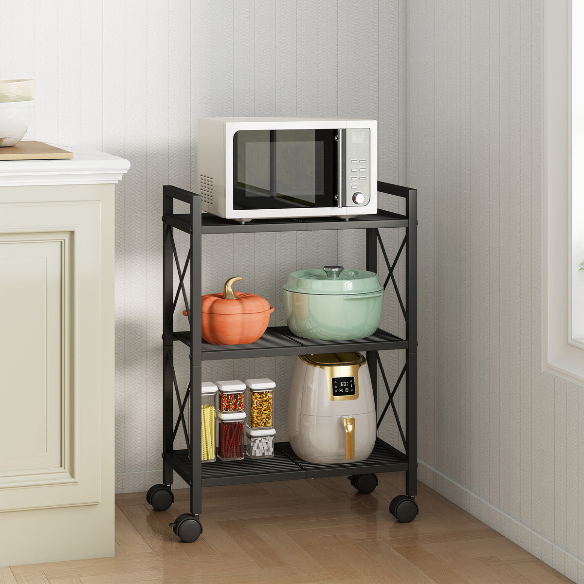LEDREM Shelving Unit, 3-Tier Metal Storage Rack with Wheels, with X Side Frames, 22.8-Inch Width, for Entryway, Kitchen, Traditional Style, Matte Black