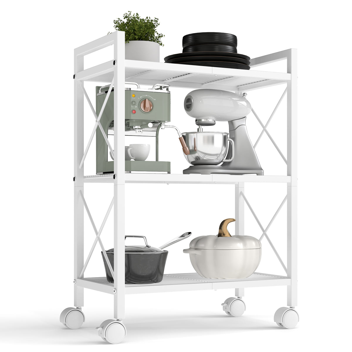 LEDREM 3-Tier Mesh Shelving Unit with Wheels, Heavy Duty Steel Storage Rack, 22.8 x 11.8 x 32.6 Inches, White