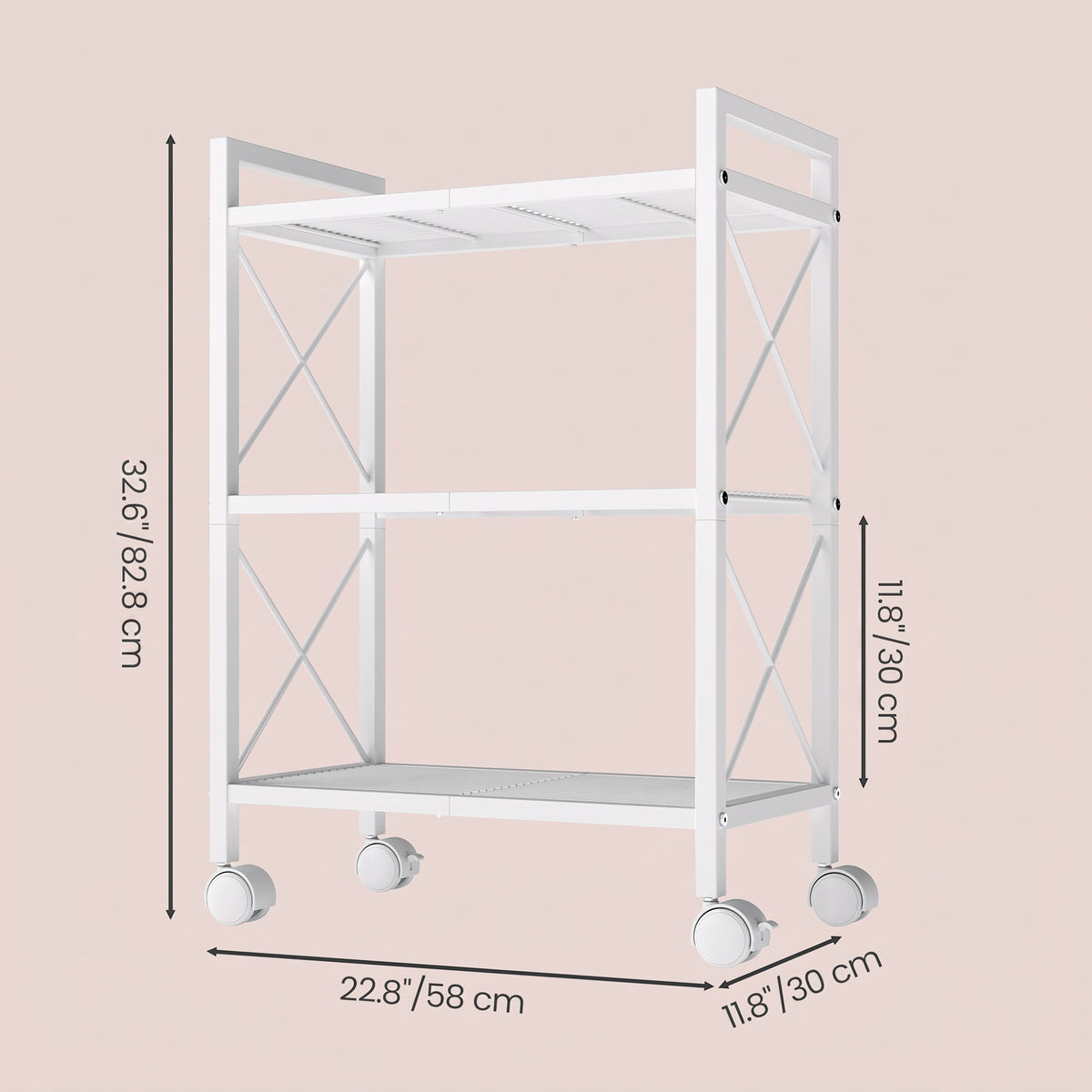 LEDREM 3-Tier Mesh Shelving Unit with Wheels, Heavy Duty Steel Storage Rack, 22.8 x 11.8 x 32.6 Inches, White