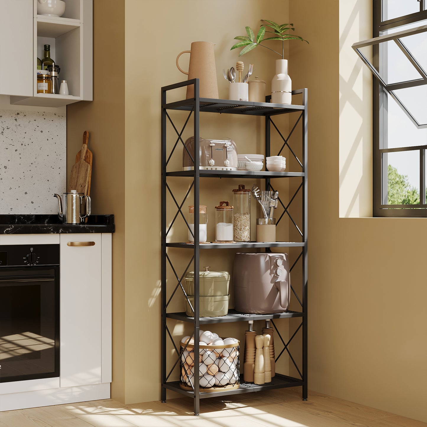 5-Tier Metal Storage Rack with X-Frame Sides, Heavy-Duty Wire Shelving Unit, Slim Organizer for Entryway Kitchen Bathroom Living Room, Industrial Style, Ink Black
