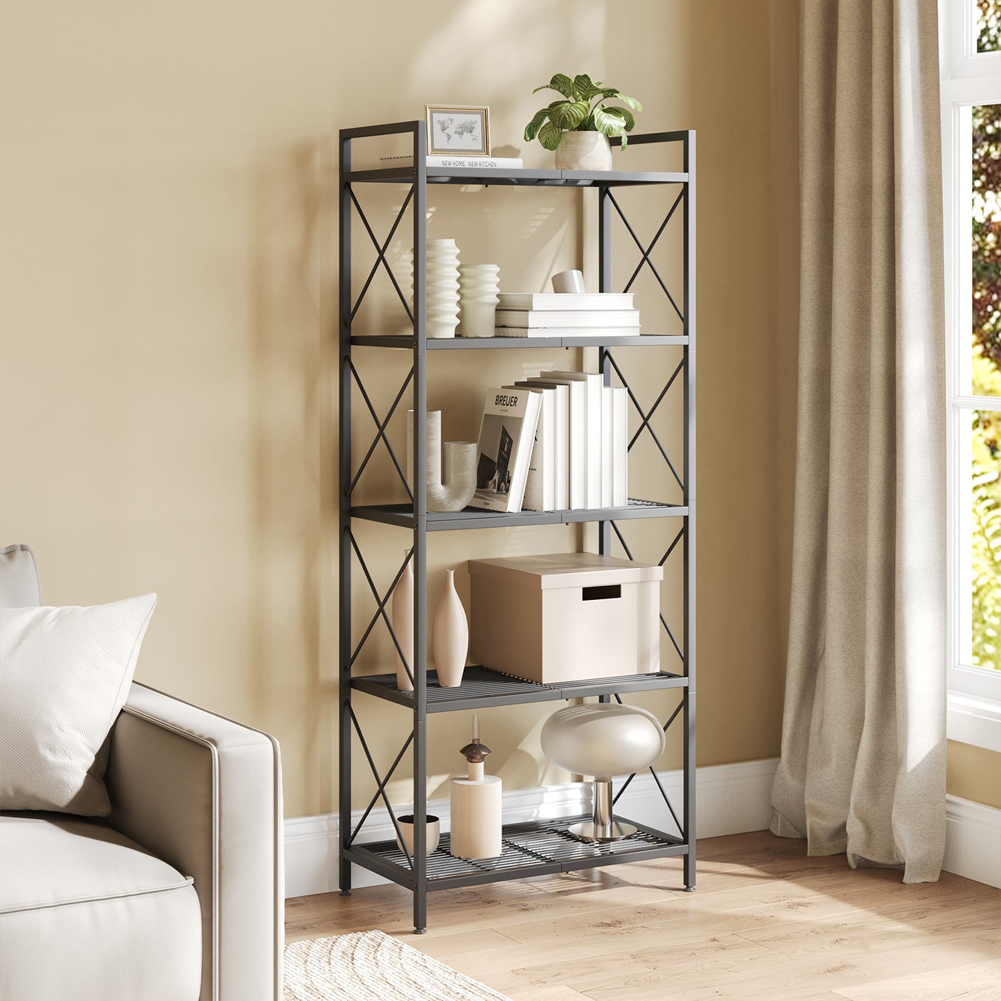 5-Tier Metal Storage Rack with X-Frame Sides, Heavy-Duty Wire Shelving Unit, Slim Organizer for Entryway Kitchen Bathroom Living Room, Industrial Style, Ink Black