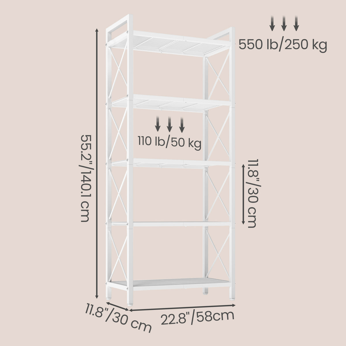 LEDREM 5-Tier Shelving Unit, Metal Storage Rack, 11.8 x 22.8 x 55.5 Inches, for Entryway, Kitchen, Living Room, Bathroom, White