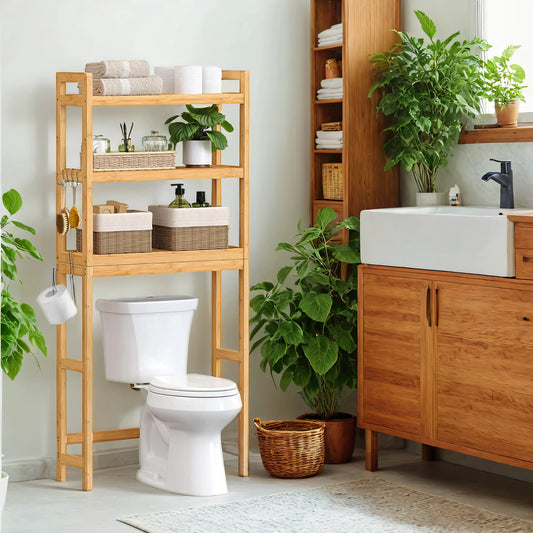 3-Tier Over-The-Toilet Bamboo Shelf Organizer – Adjustable Shelves, Anti-Tip Design, Toilet Paper Holder & Hooks, Space-Saving Bathroom Storage, Natural Beige