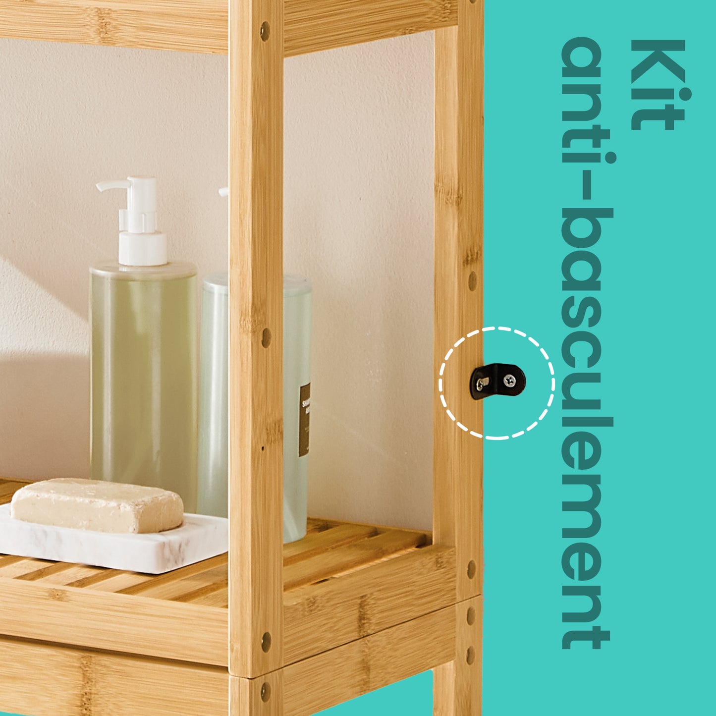 3-Tier Over-The-Toilet Bamboo Shelf Organizer – Adjustable Shelves, Anti-Tip Design, Toilet Paper Holder & Hooks, Space-Saving Bathroom Storage, Natural Beige