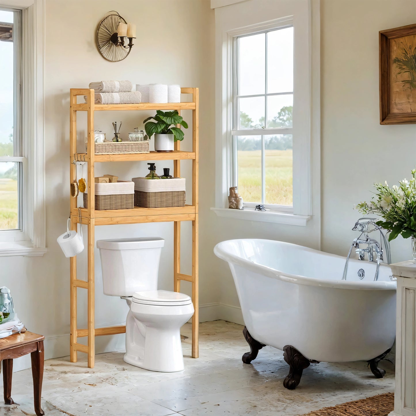 3-Tier Over-The-Toilet Bamboo Shelf Organizer – Adjustable Shelves, Anti-Tip Design, Toilet Paper Holder & Hooks, Space-Saving Bathroom Storage, Natural Beige