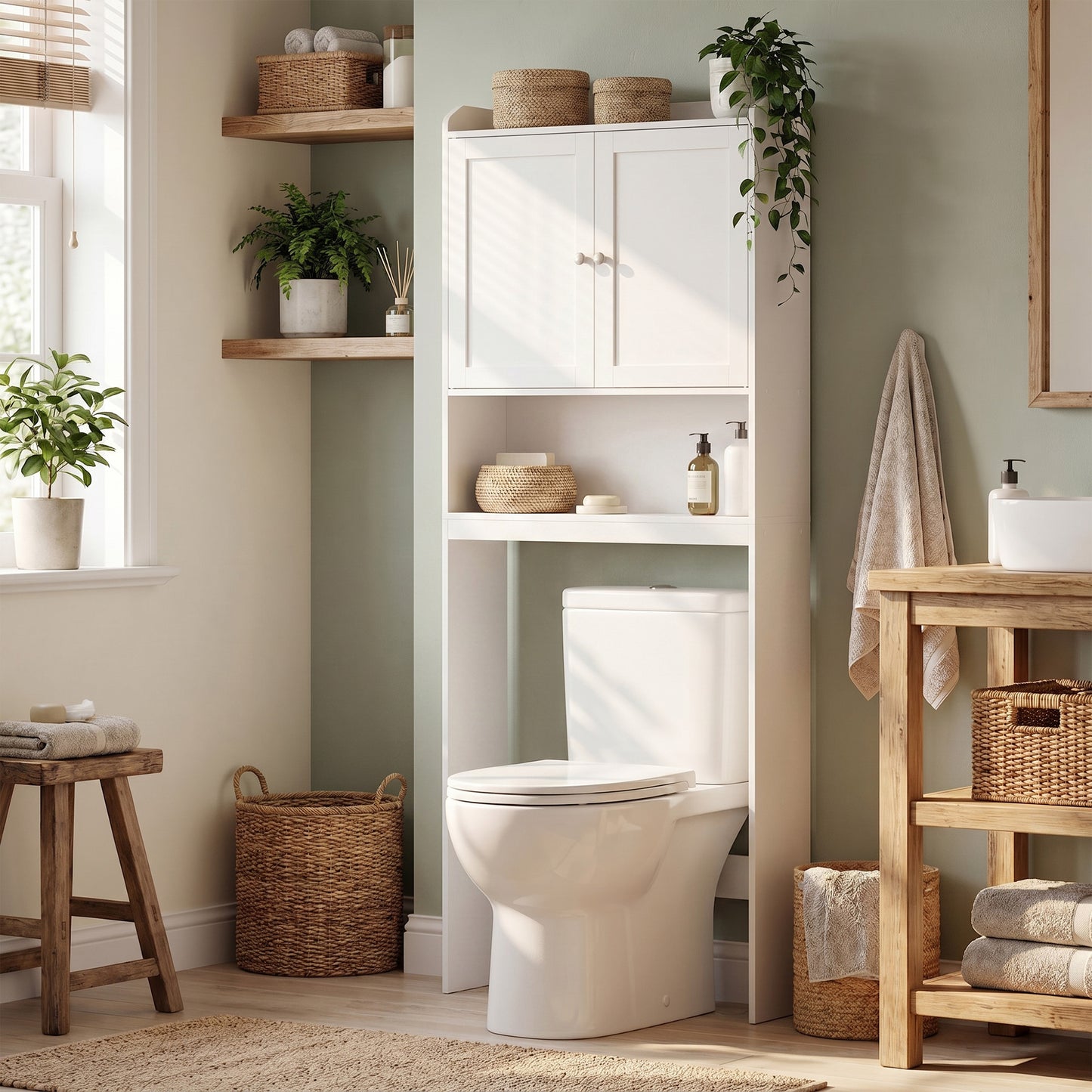 Over the Toilet Storage Cabinet, Bathroom Organizer Cabinet with Adjustable Shelves, Modern Space-Saving Design, White