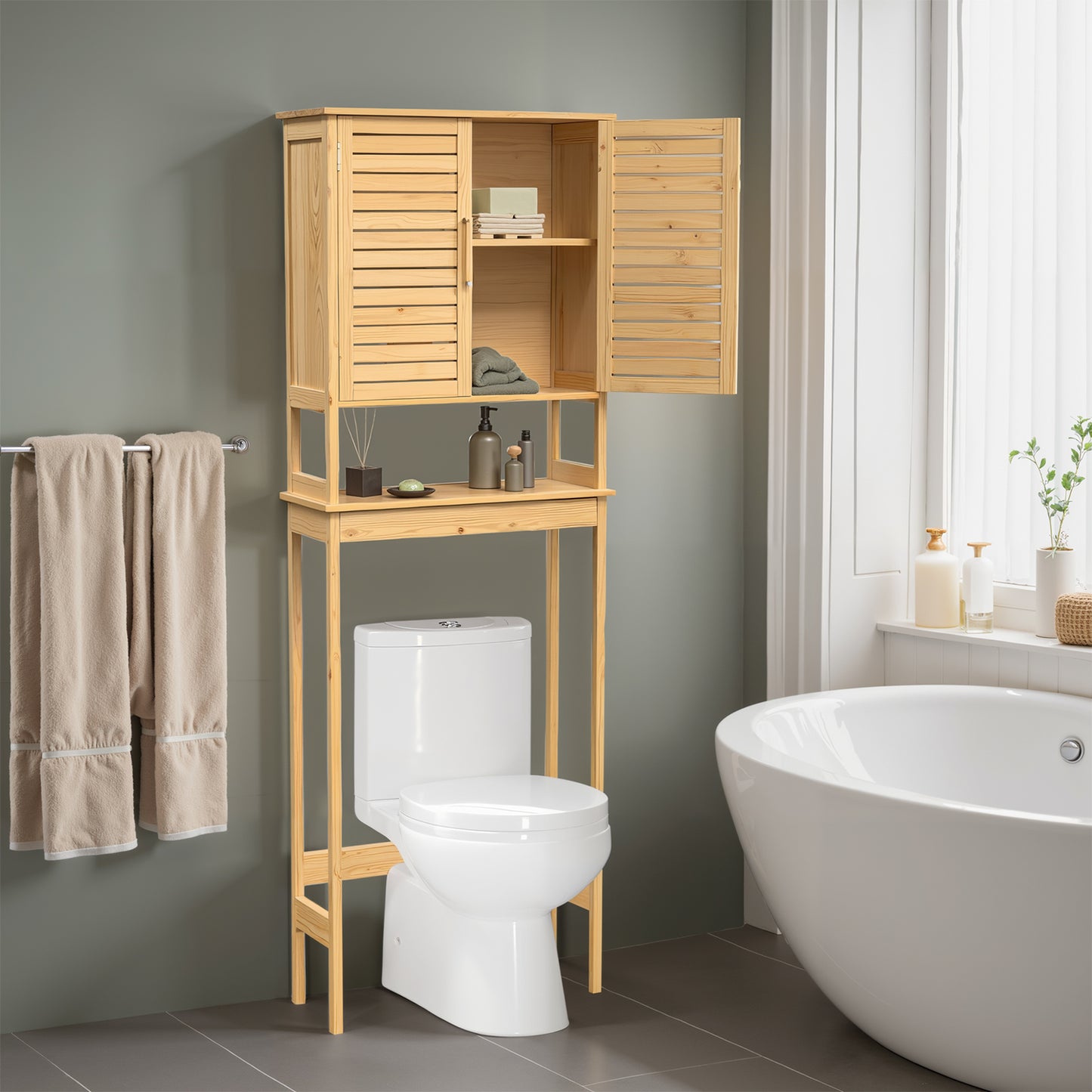 Over-The-Toilet Storage Cabinet with Adjustable Shelf and Bottom Stabilizer, 3-Tier Bathroom Rack with Doors and Open Shelf, Space-Saving Organizer, Natural Beige