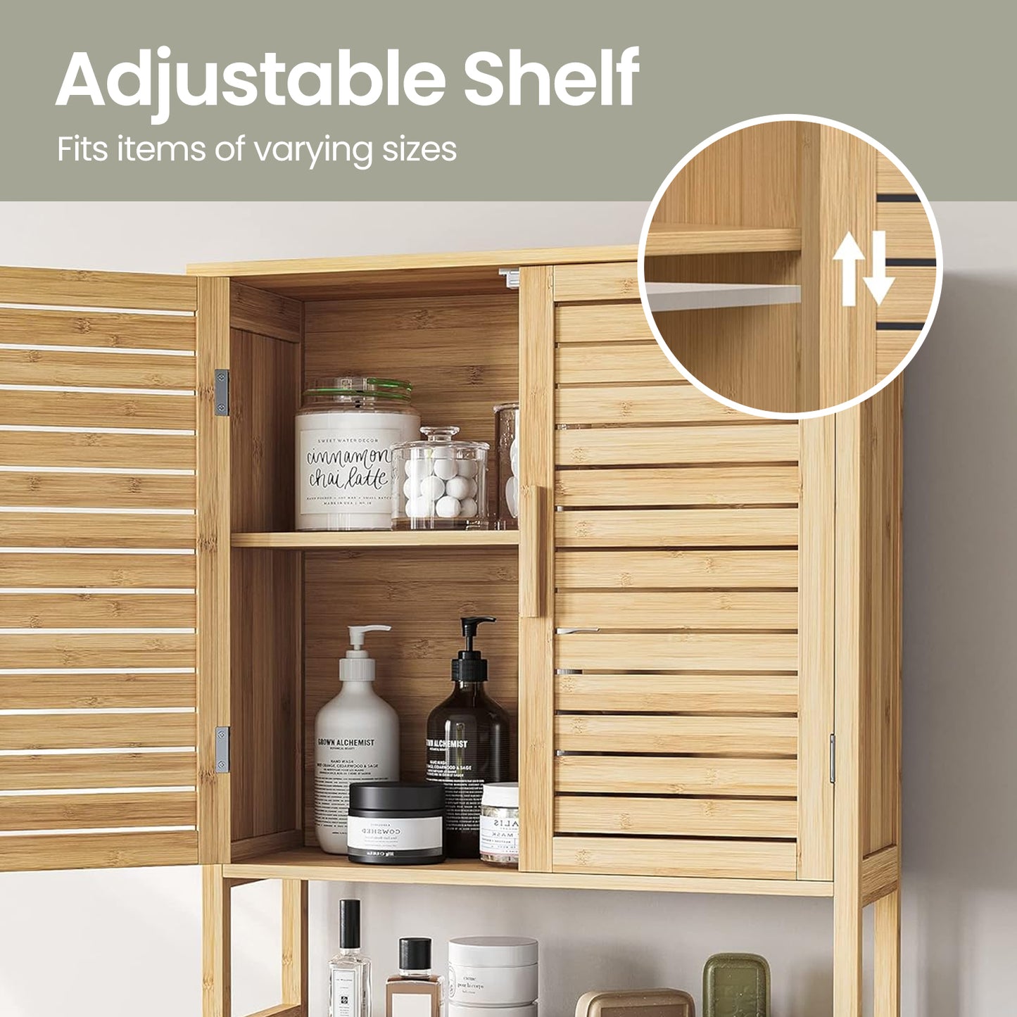 Over-The-Toilet Storage Cabinet with Adjustable Shelf and Bottom Stabilizer, 3-Tier Bathroom Rack with Doors and Open Shelf, Space-Saving Organizer, Natural Beige