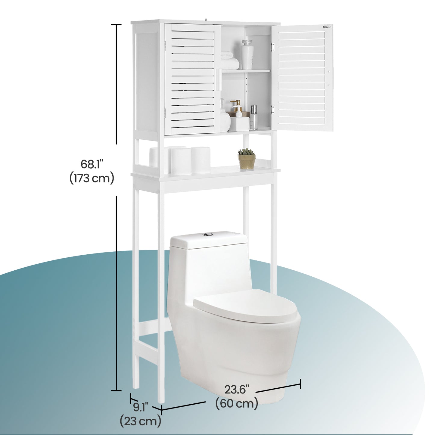 Over-The-Toilet Storage Cabinet with Adjustable Shelf and Bottom Stabilizer, 3-Tier Bathroom Rack with Doors and Open Shelf, Space-Saving Organizer, Cloud White