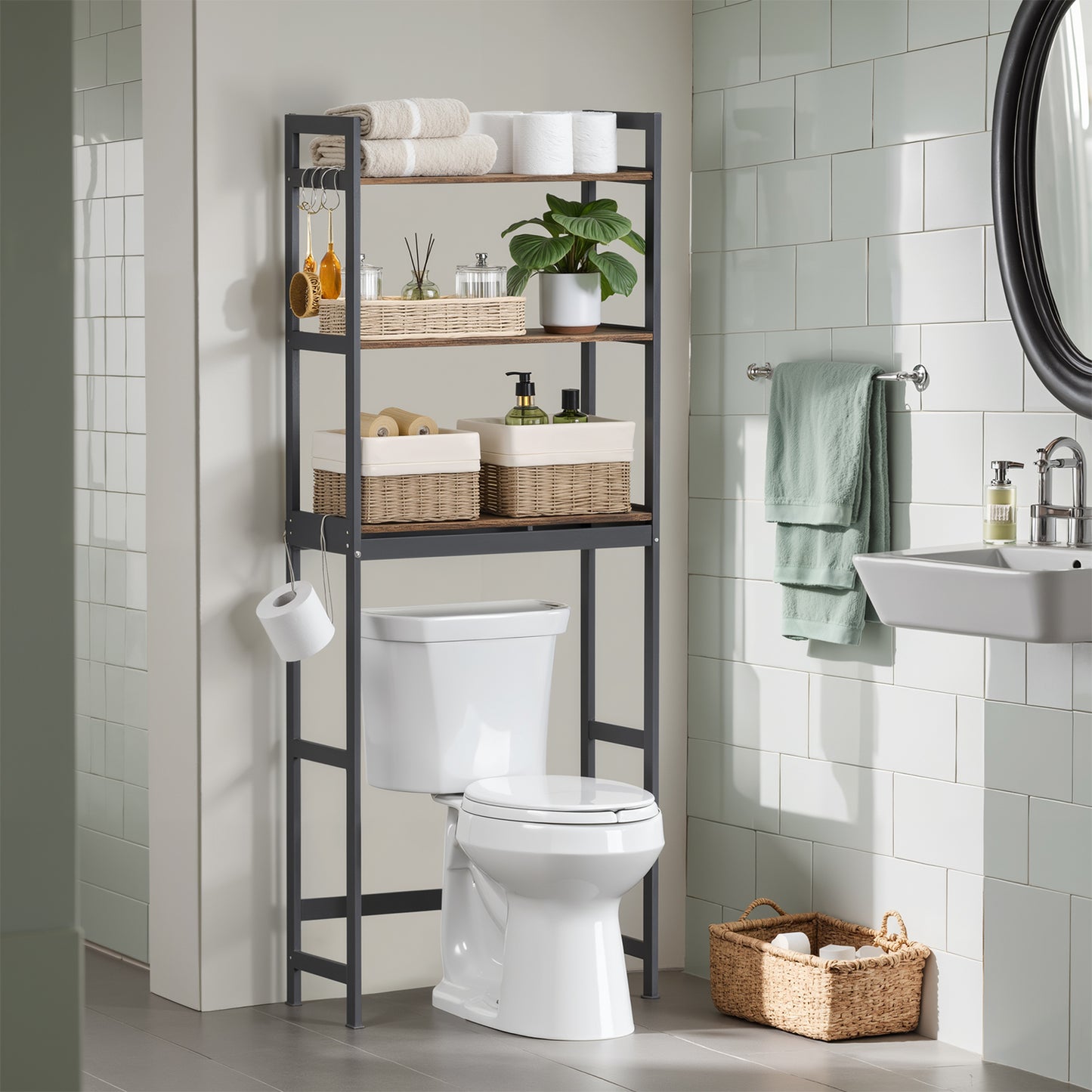 Over-The-Toilet Bathroom Storage Organizer with Adjustable 3 Shelves and Hooks, Bamboo Freestanding Space-Saving Rack with Toilet Paper Holder, Rustic Brown and Ink Black
