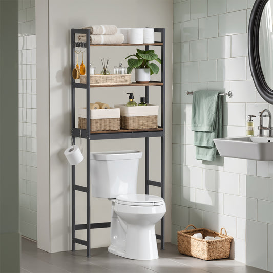 Over-The-Toilet Bathroom Storage Organizer with Adjustable 3 Shelves and Hooks, Bamboo Freestanding Space-Saving Rack with Toilet Paper Holder, Rustic Brown and Ink Black