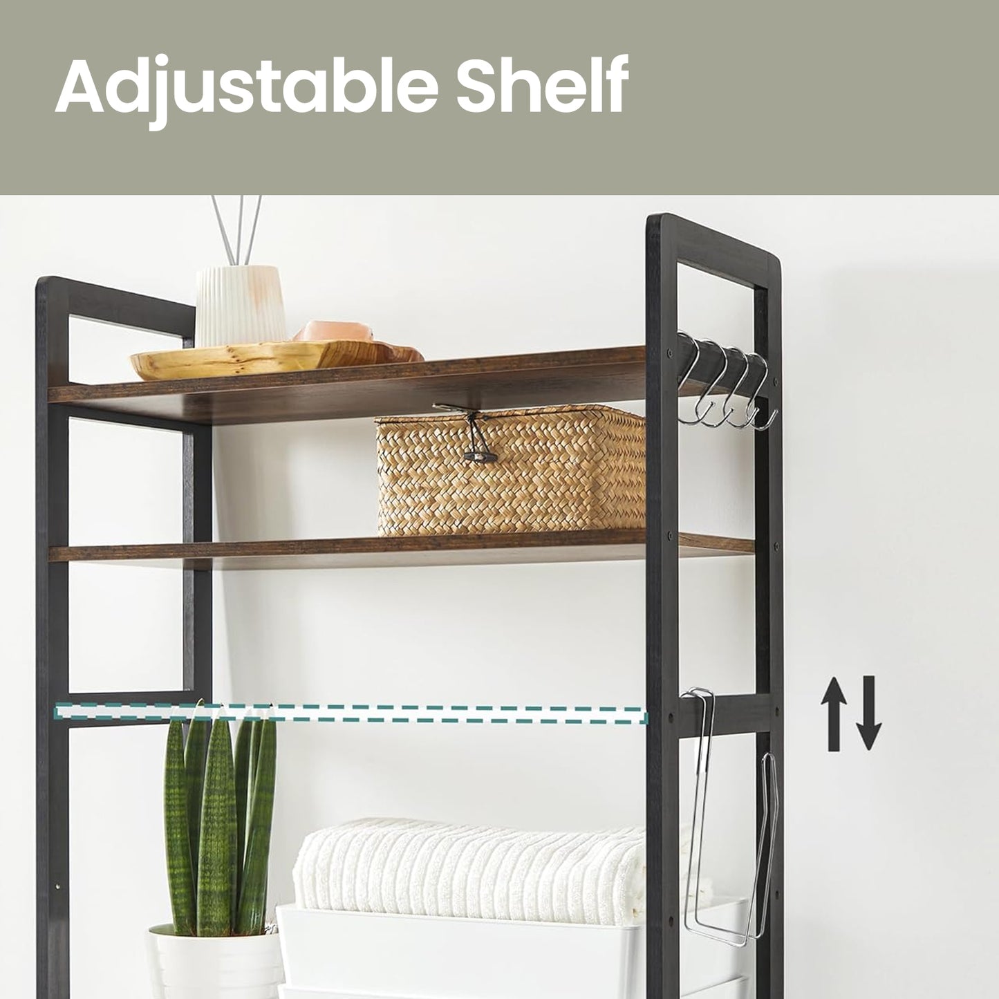 Over-The-Toilet Bathroom Storage Organizer with Adjustable 3 Shelves and Hooks, Bamboo Freestanding Space-Saving Rack with Toilet Paper Holder, Rustic Brown and Ink Black