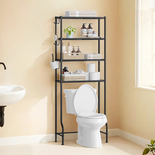 4-Tier Over-The-Toilet Storage Shelf with Adjustable Shelves & Hooks, Space-Saving Bathroom Organizer with Roll Holder, Black