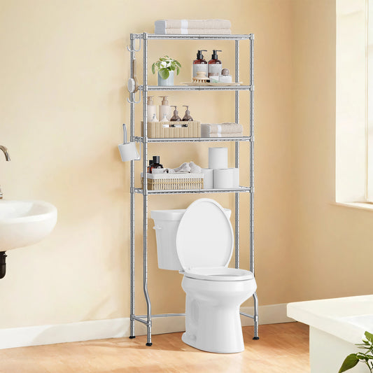4-Tier Over-The-Toilet Storage Shelf Organizer with Adjustable Shelves, Toilet Paper Holder & 4 Hooks, Space-Saving Metal Rack, Silver