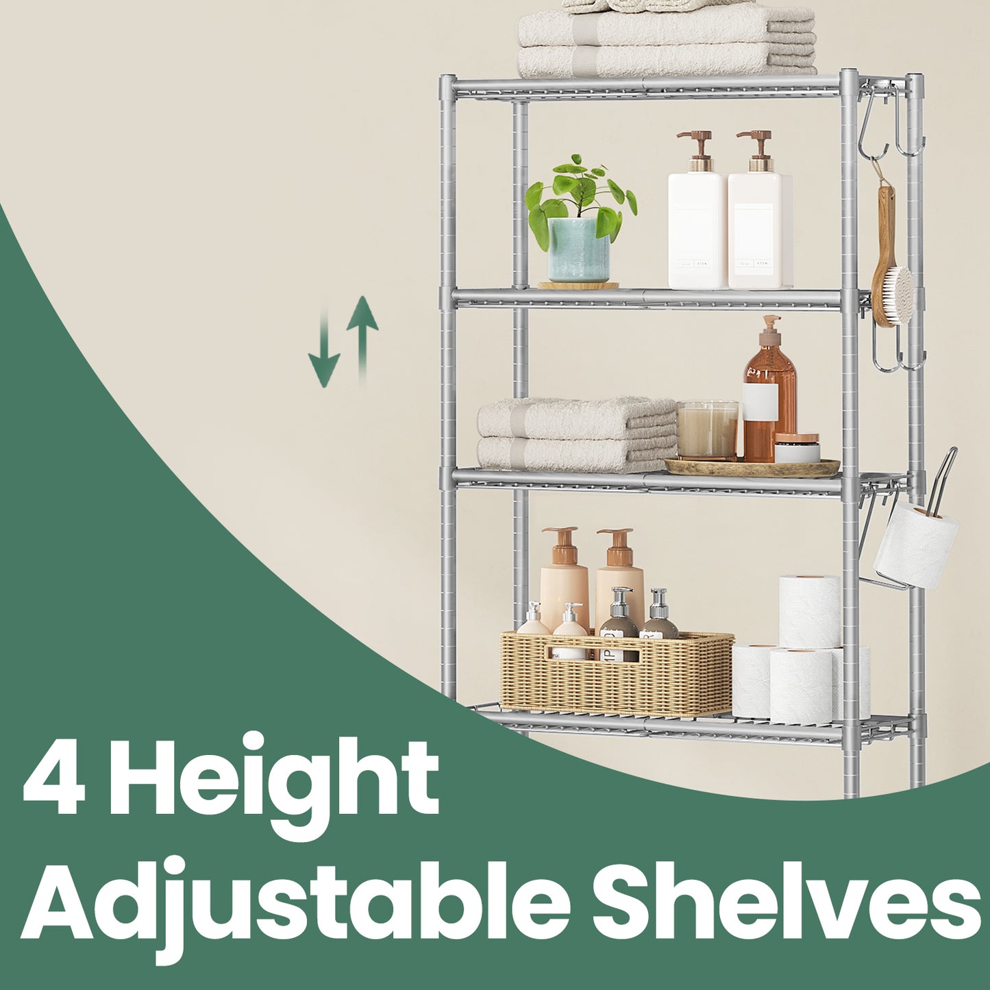 4-Tier Over-The-Toilet Storage Shelf Organizer with Adjustable Shelves, Toilet Paper Holder & 4 Hooks, Space-Saving Metal Rack, Silver