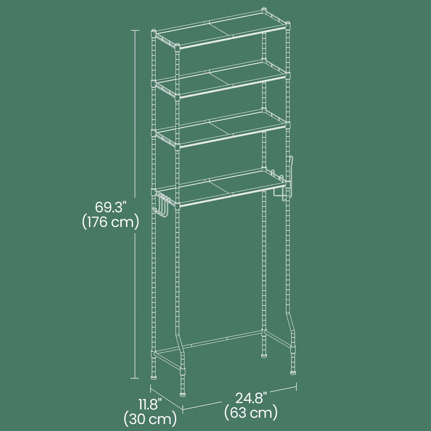4-Tier Over-The-Toilet Storage Shelf Organizer with Adjustable Shelves, Toilet Paper Holder & 4 Hooks, Space-Saving Metal Rack, Silver