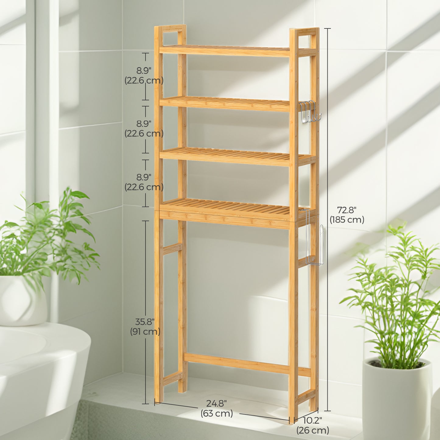 4-Tier Over-The-Toilet Bathroom Storage Organizer with Adjustable Shelves, Hooks, and Toilet Paper Holder, Space-Saving Rack, Natural Beige