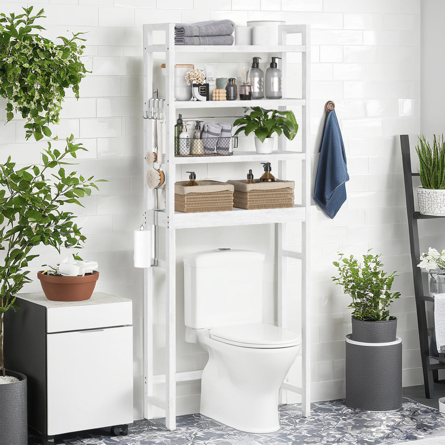 4-Tier Over-The-Toilet Bathroom Storage Organizer with Adjustable Shelves, Hooks, and Toilet Paper Holder, Space-Saving Rack, Cloud White
