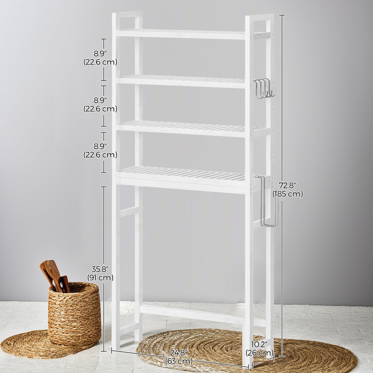 4-Tier Over-The-Toilet Bathroom Storage Organizer with Adjustable Shelves, Hooks, and Toilet Paper Holder, Space-Saving Rack, Cloud White