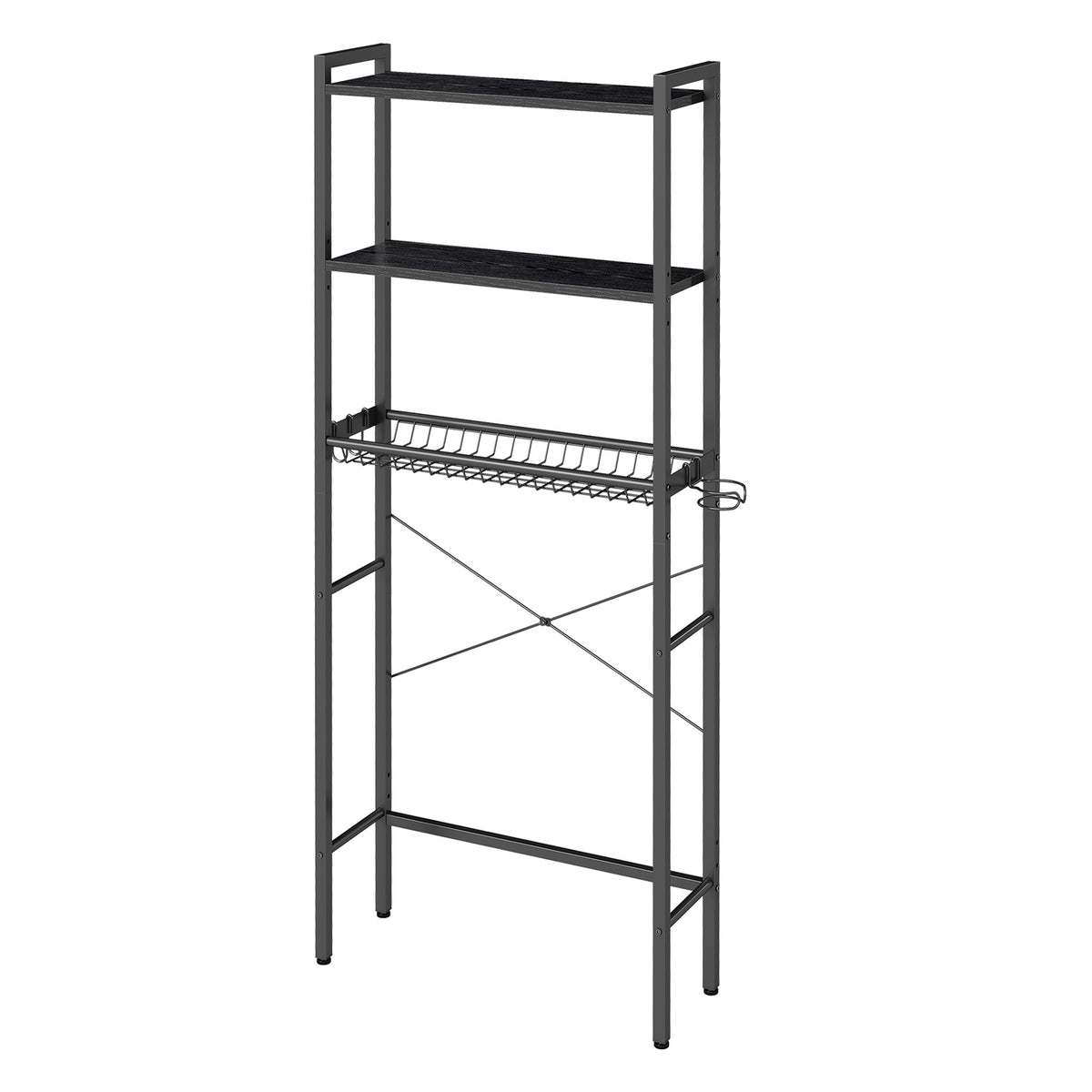 Over the Toilet Storage, Bathroom Organizer with Adjustable Shelves & Basket, 3 Hooks, Space-Saving, 63" Tall, Ebony Black