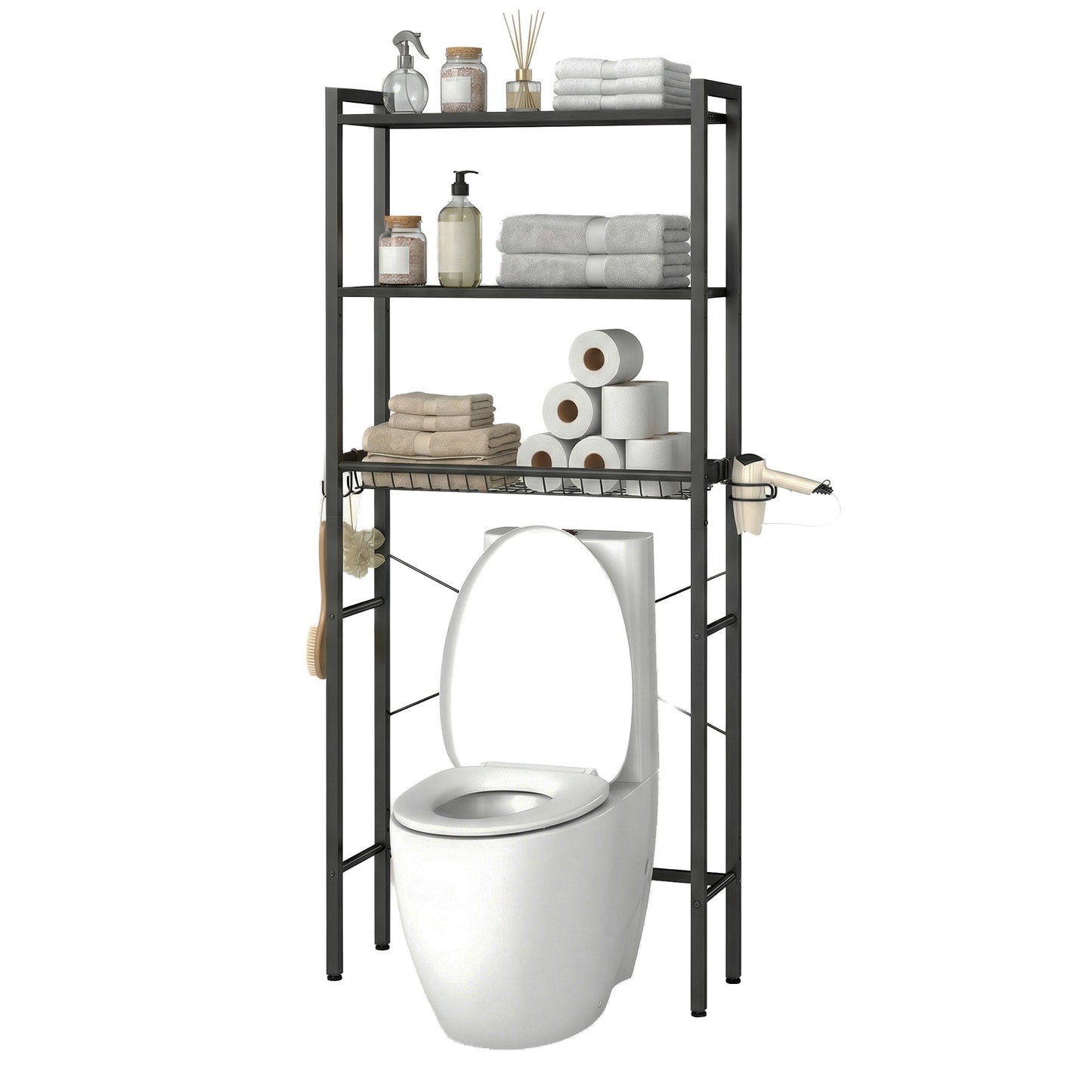 Over the Toilet Storage, Bathroom Organizer with Adjustable Shelves & Basket, 3 Hooks, Space-Saving, 63" Tall, Ebony Black