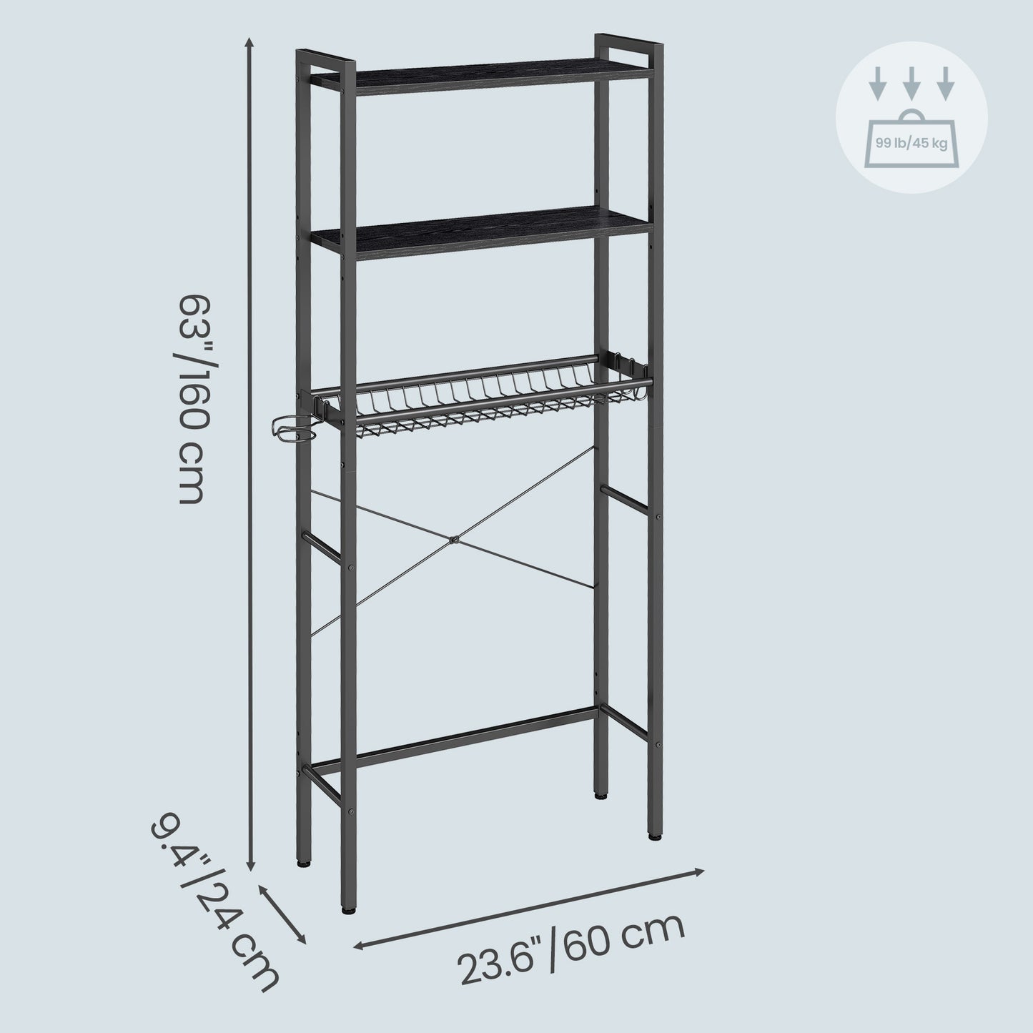 Over the Toilet Storage, Bathroom Organizer with Adjustable Shelves & Basket, 3 Hooks, Space-Saving, 63" Tall, Ebony Black