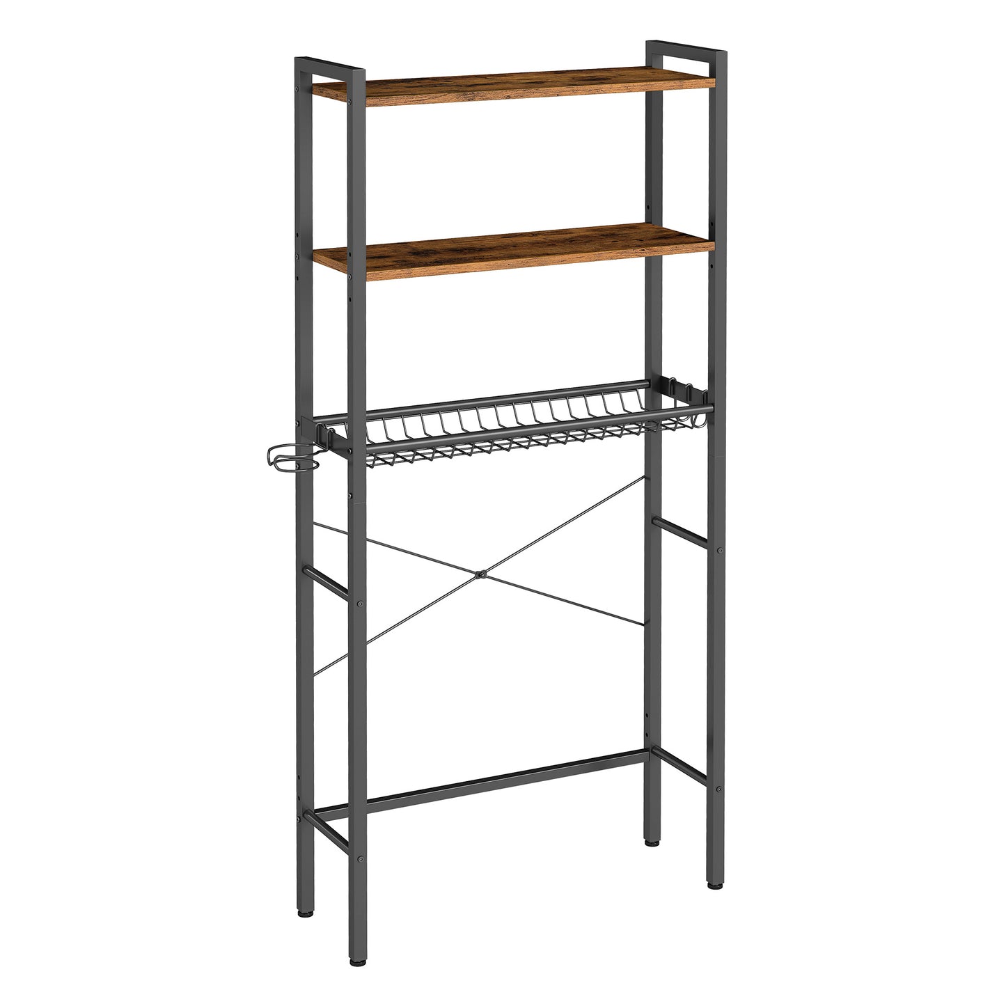 Over the Toilet Storage, Bathroom Organizer with Adjustable Shelves & Basket, 3 Hooks, Space-Saving, 63" Tall, Rustic Brown