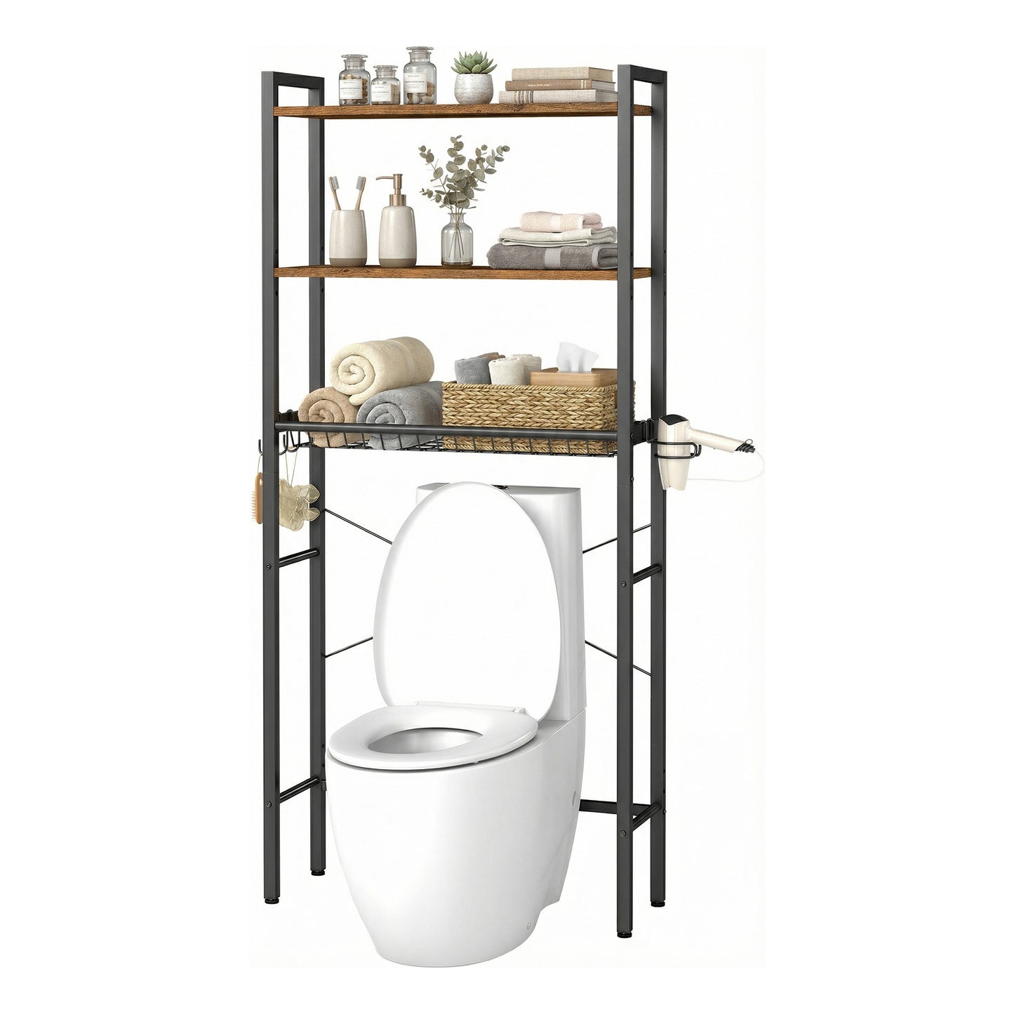 Over the Toilet Storage, Bathroom Organizer with Adjustable Shelves & Basket, 3 Hooks, Space-Saving, 63" Tall, Rustic Brown