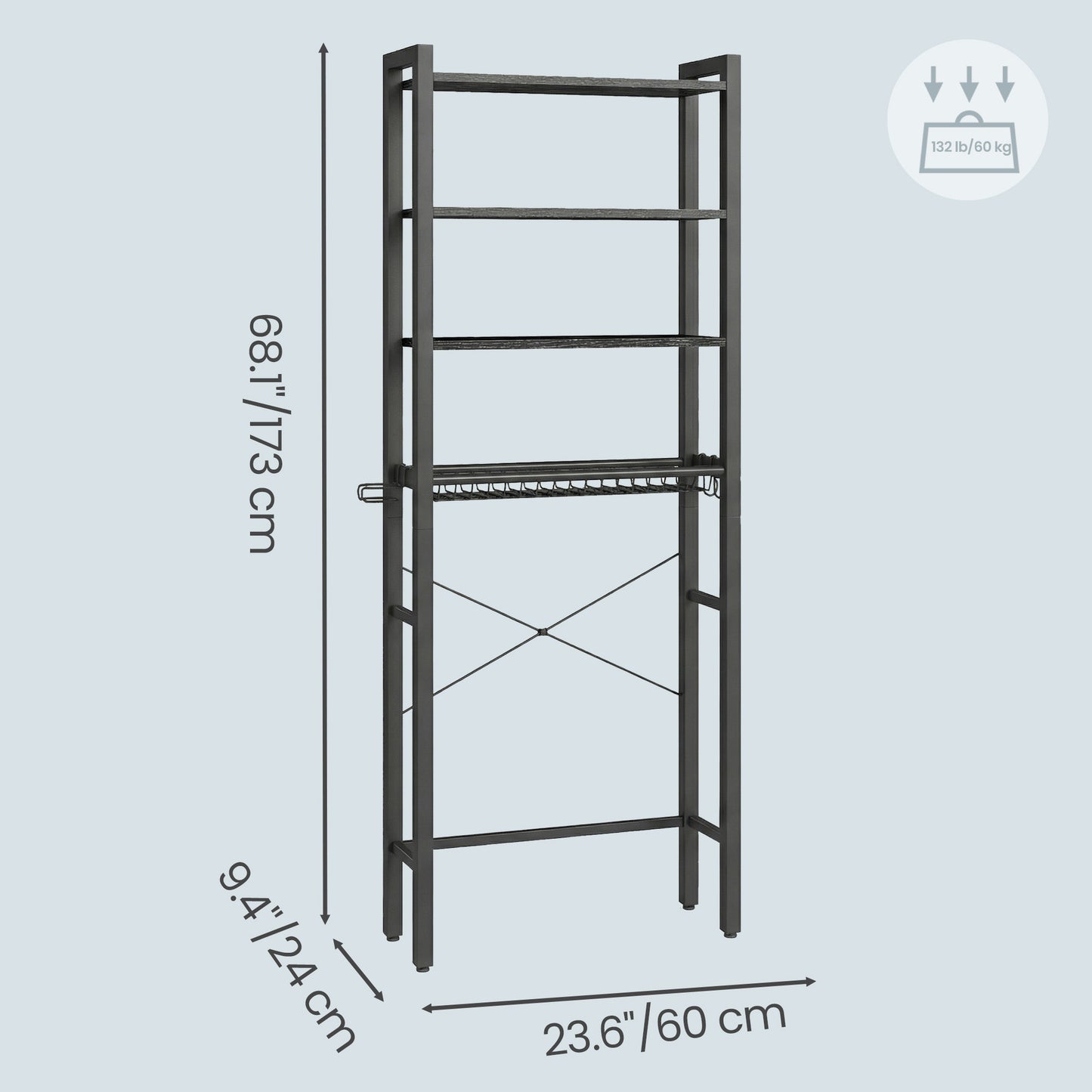 68.1-Inch Over-the-Toilet Storage Organizer, 4-Tier Bathroom Shelf with Adjustable Shelves, Basket & 3 Hooks, Space-Saving Design, Ebony Black