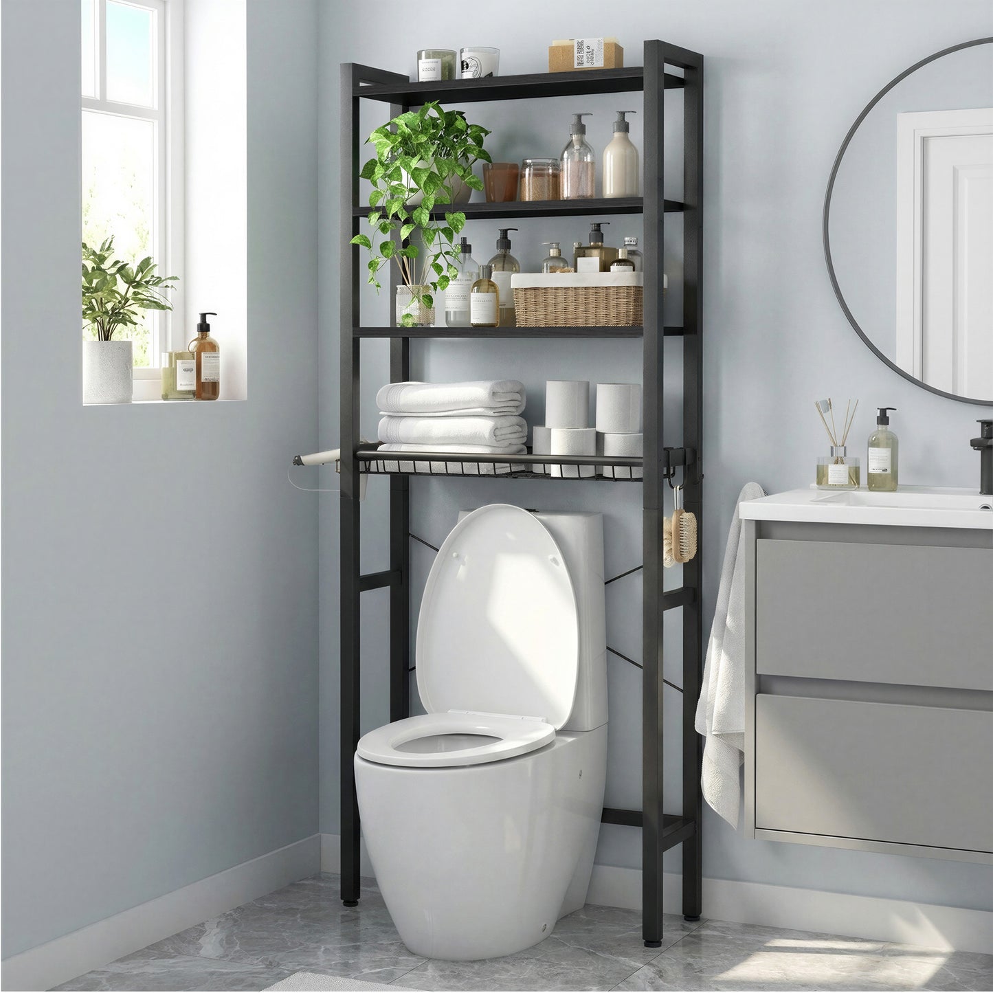 68.1-Inch Over-the-Toilet Storage Organizer, 4-Tier Bathroom Shelf with Adjustable Shelves, Basket & 3 Hooks, Space-Saving Design, Ebony Black