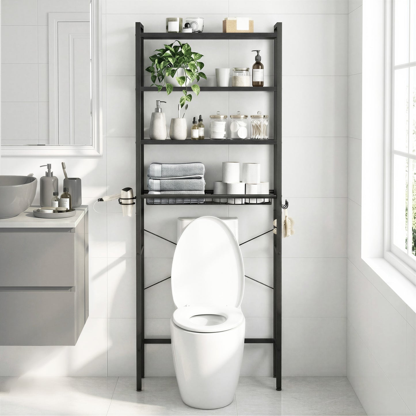 68.1-Inch Over-the-Toilet Storage Organizer, 4-Tier Bathroom Shelf with Adjustable Shelves, Basket & 3 Hooks, Space-Saving Design, Ebony Black