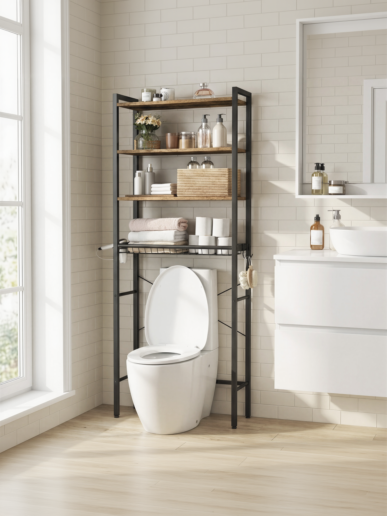 68.1-Inch Over-the-Toilet Storage Organizer, 4-Tier Bathroom Shelf with Adjustable Shelves, Basket & 3 Hooks, Space-Saving Design, Rustic Brown
