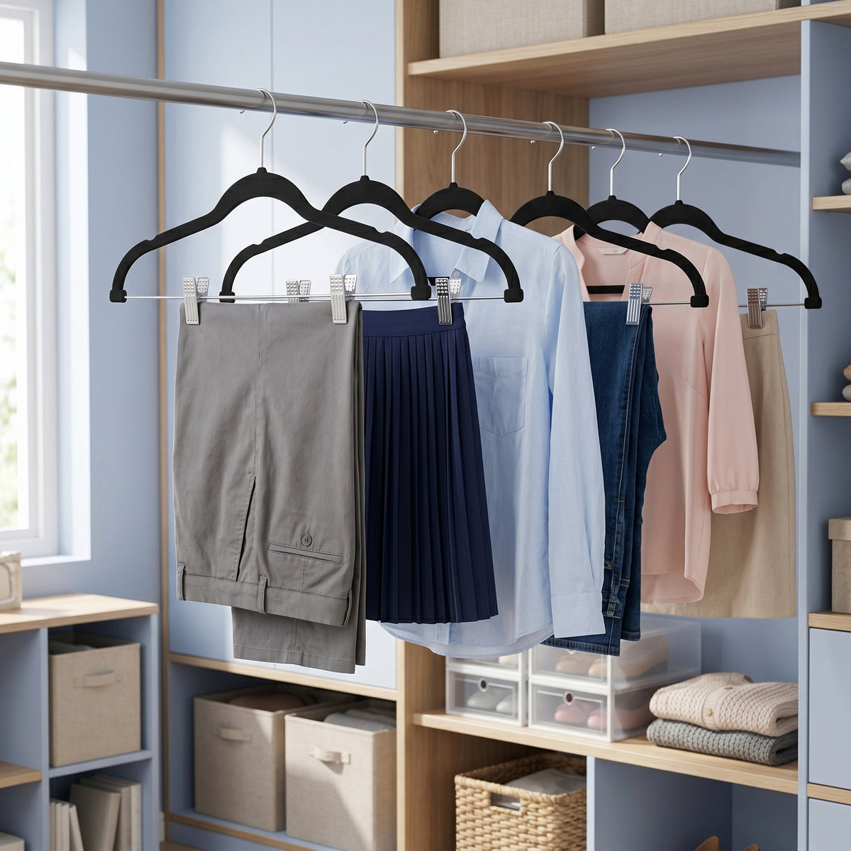 LEDREM 50-Pack Velvet Pants Hangers with Adjustable Clips, Non-Slip Space-Saving Hangers for Skirts, Coats and Dresses, Black