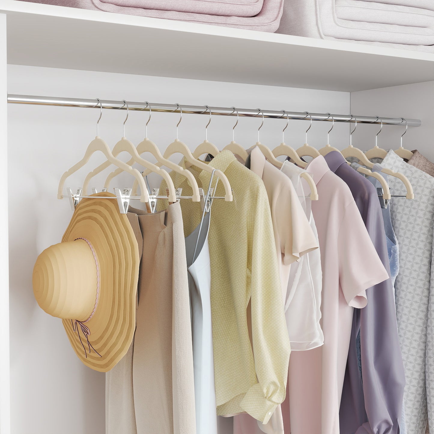 20-Pack Velvet Pants and Skirt Hangers with Adjustable Clips, Slim Non-Slip Heavy-Duty Coat Hangers, Space-Saving Closet Organizer, Sandy Beige