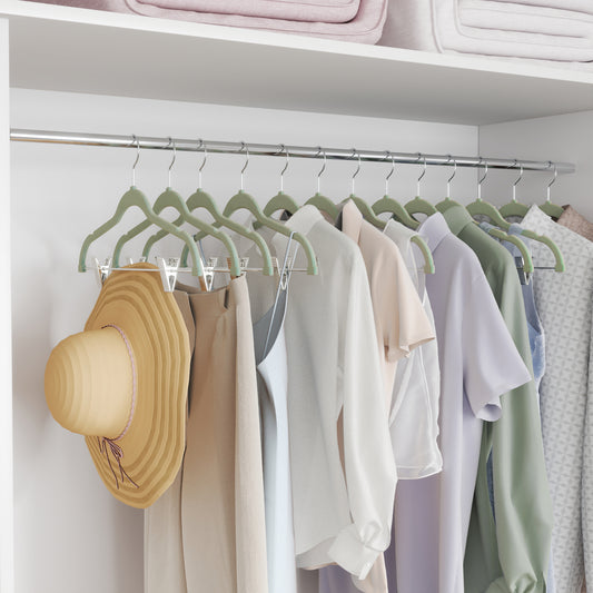 30-Pack Adjustable Non-Slip Velvet Hangers with Movable Clips, Heavy-Duty Space-Saving for Pants, Skirts, Dresses, Coats , Pale Green