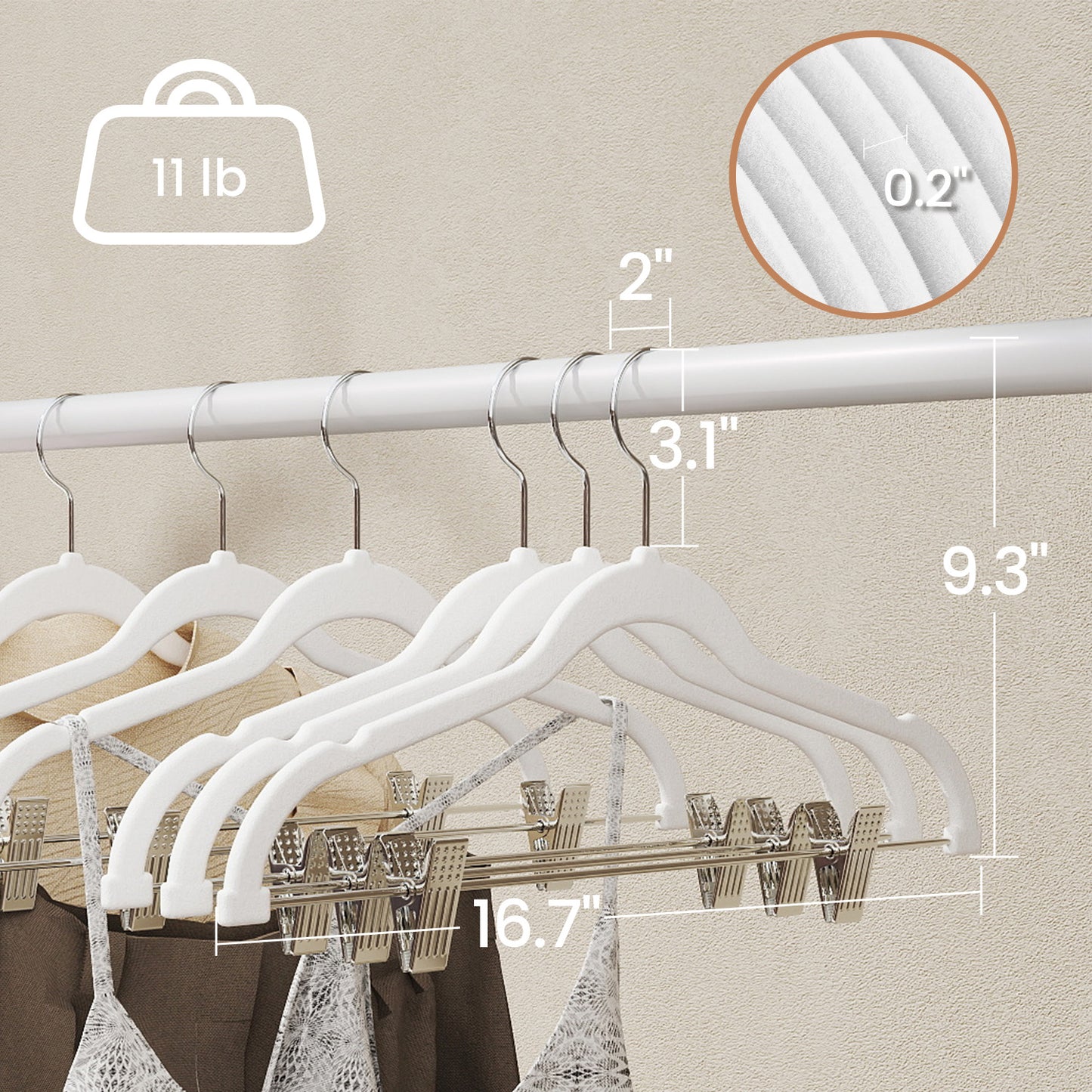 50-Pack Velvet Hangers with Adjustable Clips, 16.7-Inch Slim Non-Slip Clothes Hangers for Pants, Skirts, Dresses, Space Saving, White