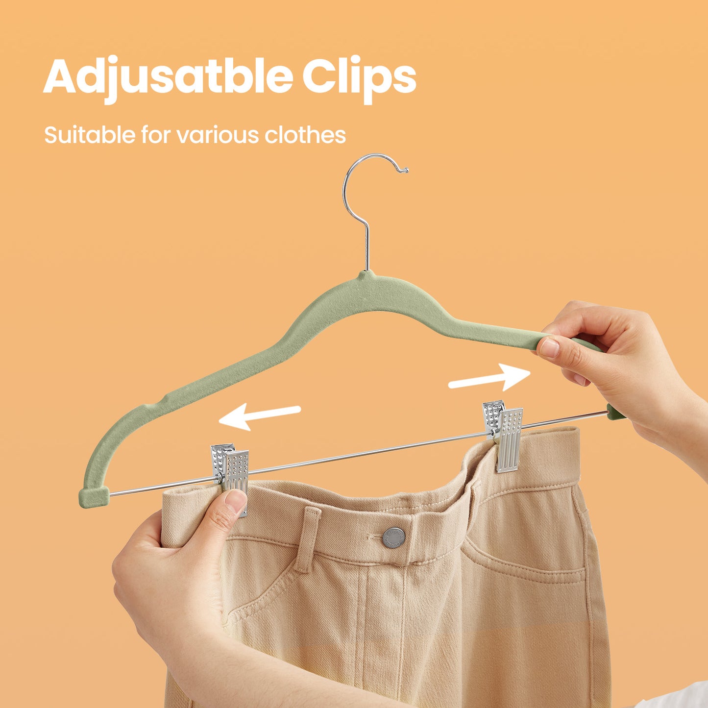30-Pack Adjustable Non-Slip Velvet Hangers with Movable Clips, Heavy-Duty Space-Saving for Pants, Skirts, Dresses, Coats , Pale Green
