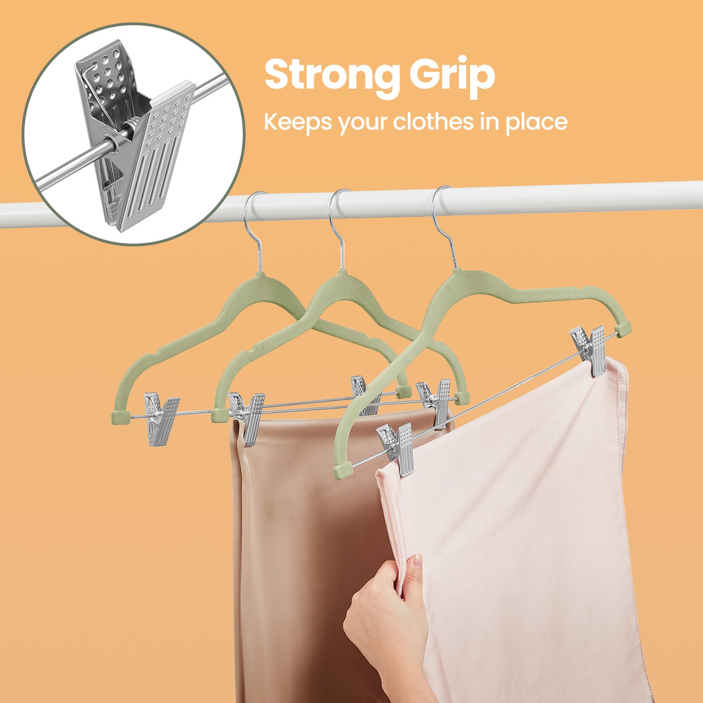 30-Pack Adjustable Non-Slip Velvet Hangers with Movable Clips, Heavy-Duty Space-Saving for Pants, Skirts, Dresses, Coats , Pale Green