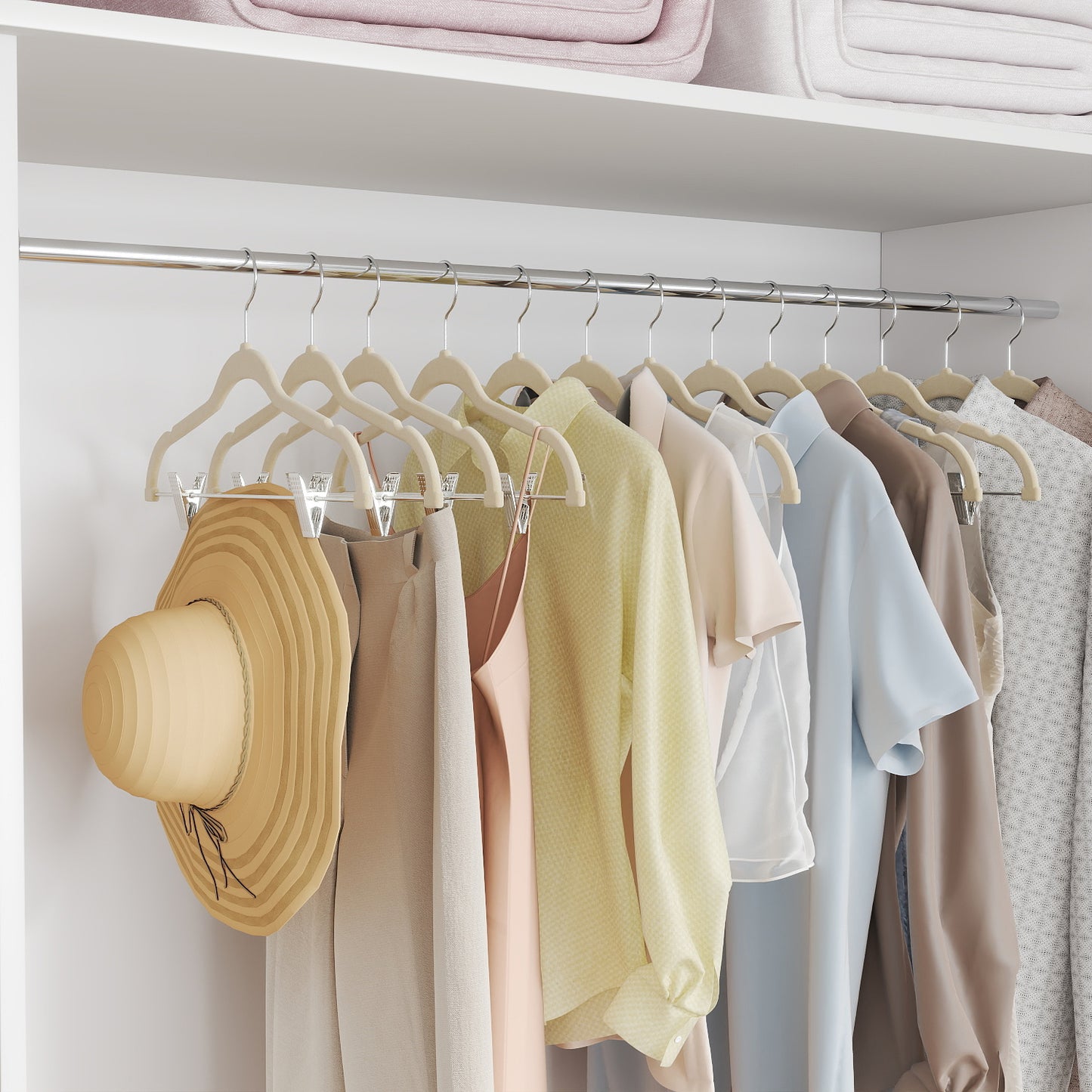 30-Pack Adjustable Non-Slip Velvet Hangers for Pants, Skirts & Dresses – Heavy-Duty Space-Saving Clothes Hangers with Movable Clips, Sandy Beige