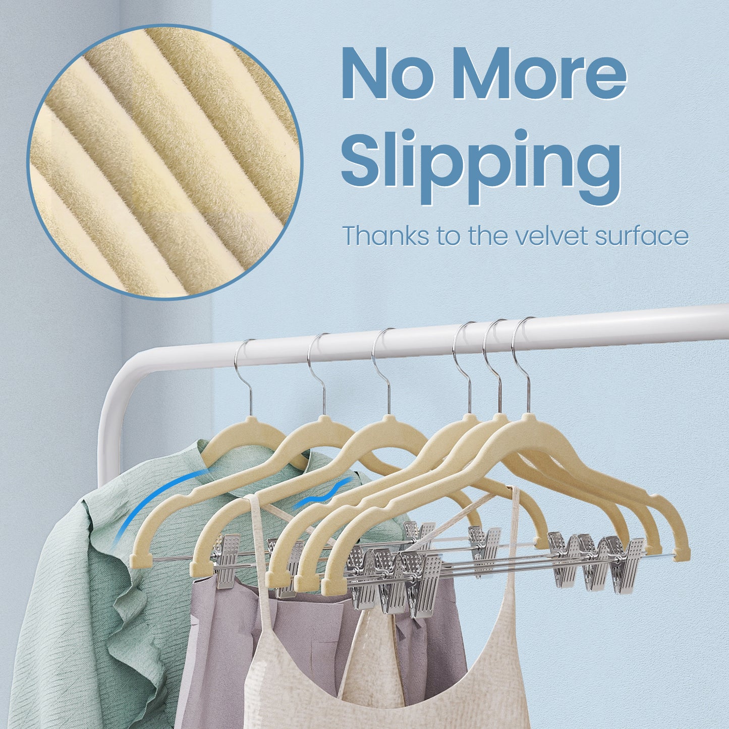 30-Pack Adjustable Non-Slip Velvet Hangers for Pants, Skirts & Dresses – Heavy-Duty Space-Saving Clothes Hangers with Movable Clips, Sandy Beige