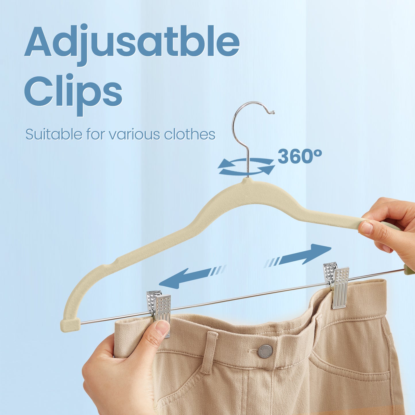 30-Pack Adjustable Non-Slip Velvet Hangers for Pants, Skirts & Dresses – Heavy-Duty Space-Saving Clothes Hangers with Movable Clips, Sandy Beige