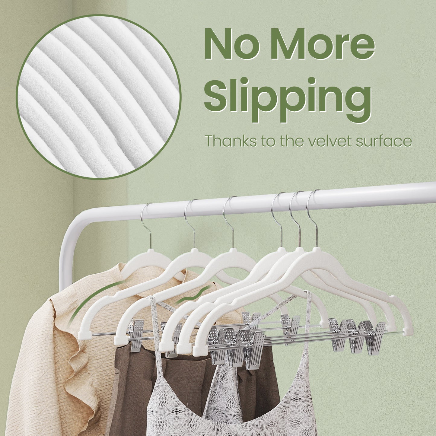 30-Pack Adjustable Velvet Hangers with Non-Slip Clips, Space-Saving Heavy-Duty Pants & Skirt Hangers for Dresses, Coats, Trousers , White