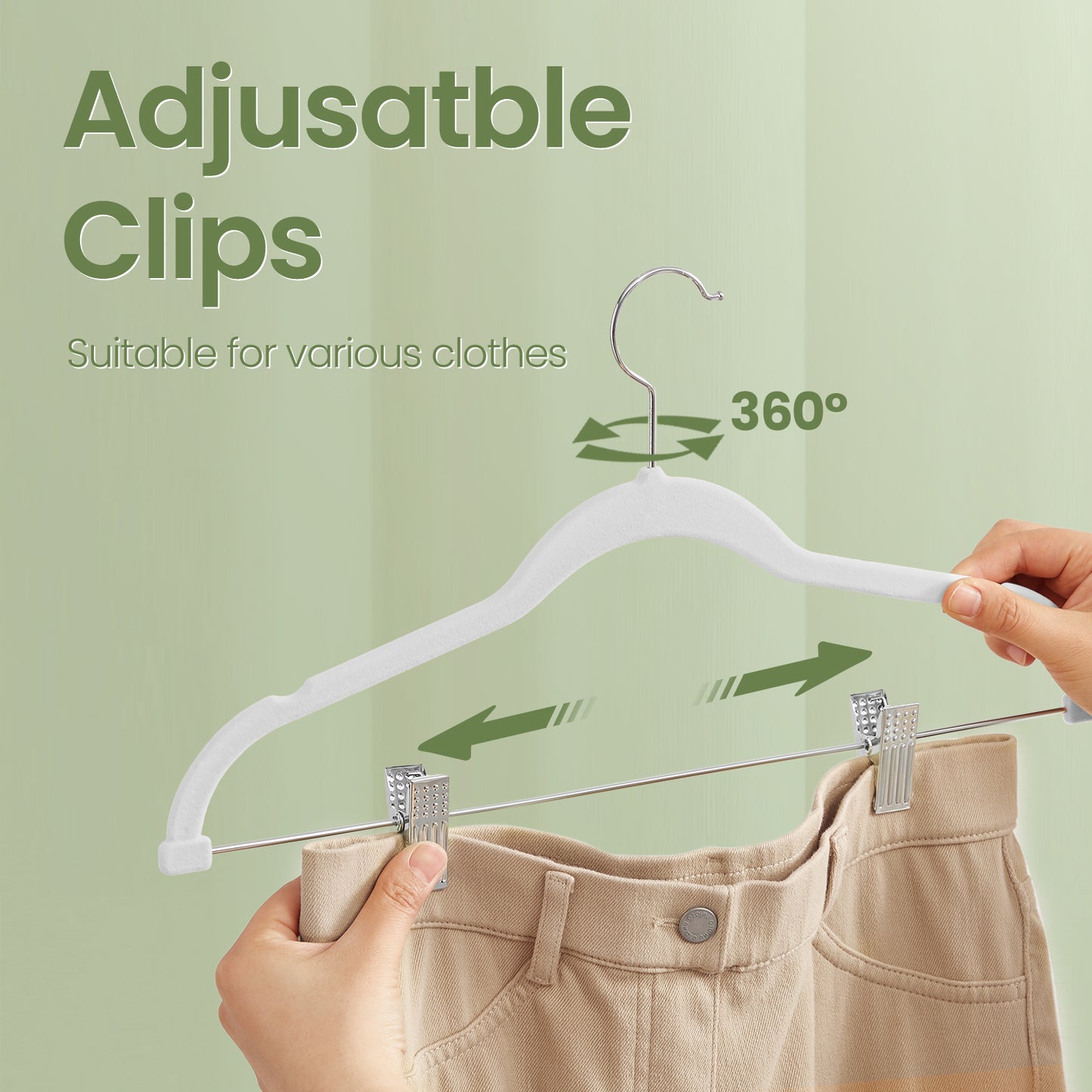 30-Pack Adjustable Velvet Hangers with Non-Slip Clips, Space-Saving Heavy-Duty Pants & Skirt Hangers for Dresses, Coats, Trousers , White